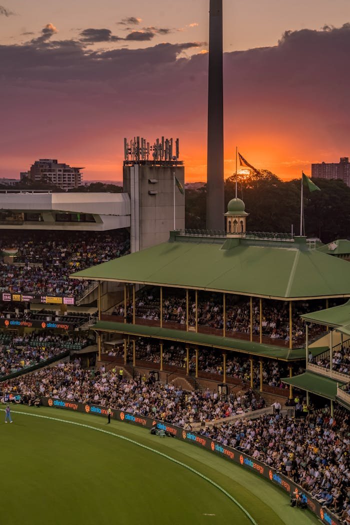 services-01 A colorful sunset over a bustling cricket stadium, capturing the lively atmosphere of the event.